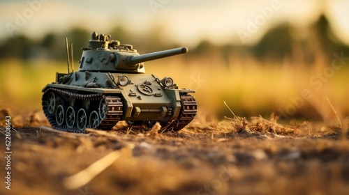 Toy tank on the field