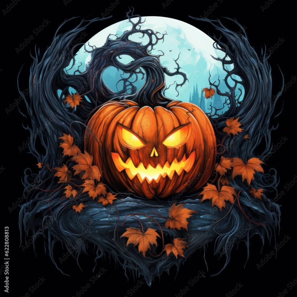 Scary smiling pumpkin with carved face on the dark background