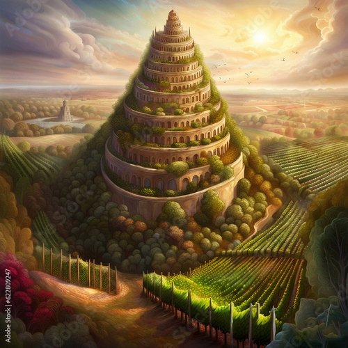 Print op canvas Tower of Babel in hanging gardens, Antiquity