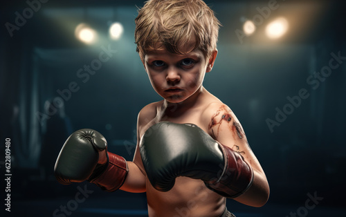 Blond-haired boy in gloves boxing in the ring. Sport and healthy lifestyle concept. © SERHII