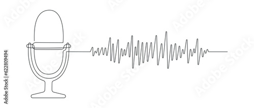 Podcast microphone with audio track drawn in one continuous line. One line drawing, minimalism. Vector illustration.