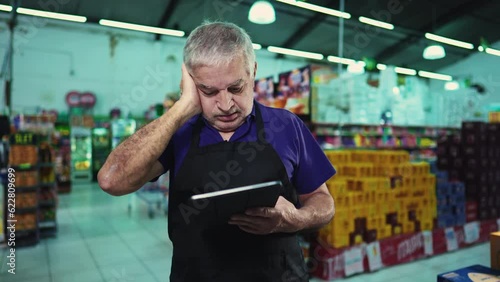 Stressed business owner of supermarket chain feeling pressure facing difficulties in grocery store operations. Portrait of a frustrated manager with unshaven beard and gray hair photo
