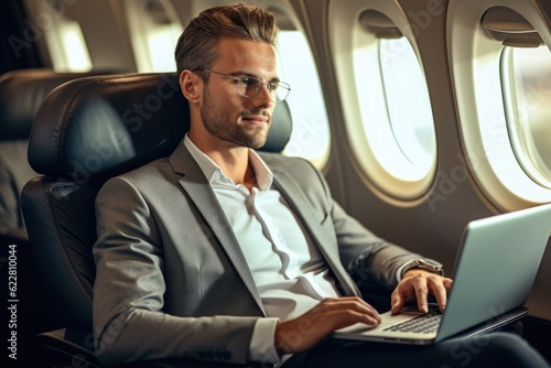 Portrait of handsome businessman working on laptop while flying on airplane © Adriana