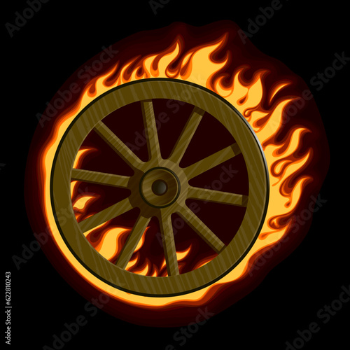 Colorful burning rolling wooden cart wheel in flame isolated on black background. T-shirt design. Vector illustration  photo