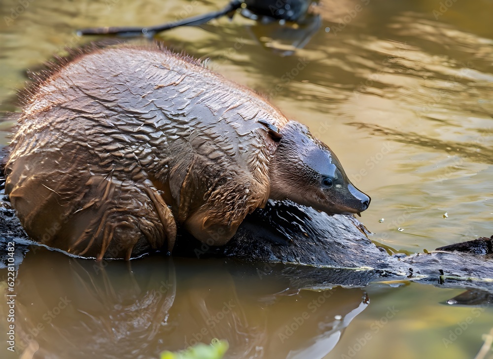 Fototapeta premium Platypus sitting on a stone - Generative AI