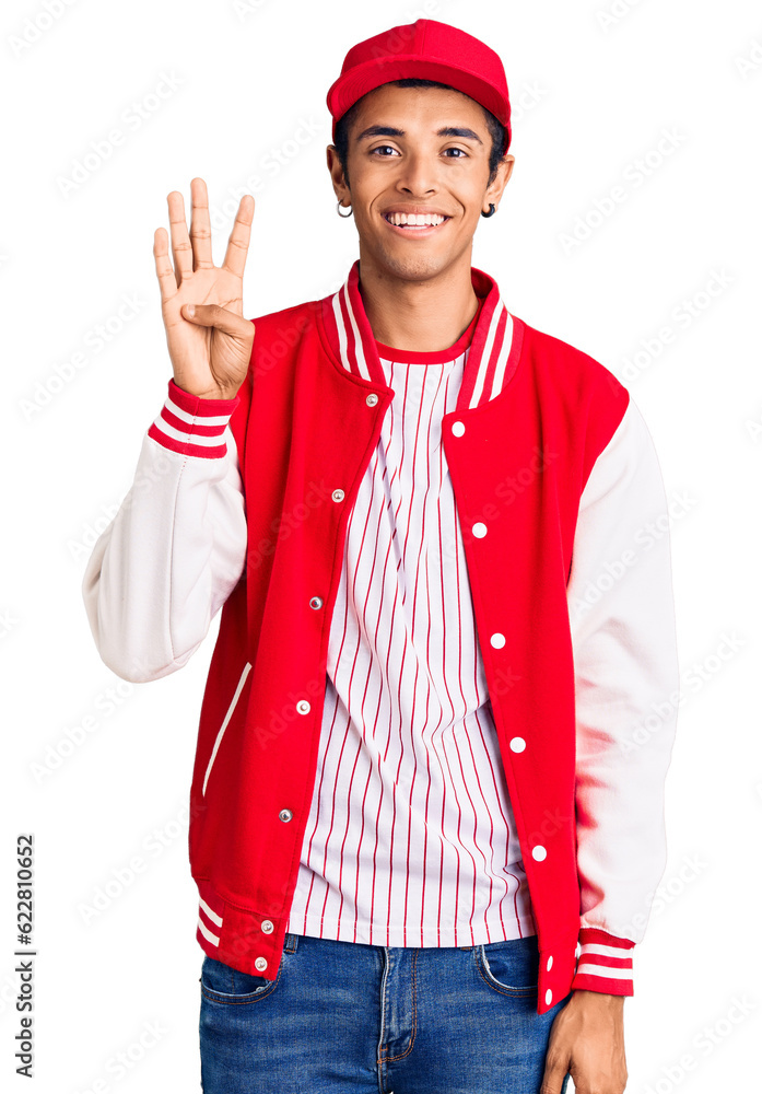 Young african amercian man wearing baseball uniform showing and pointing up with fingers number four while smiling confident and happy. Young african amercian man wearing baseball uniform showing and pointing up with fingers number four while smiling confident and happy.