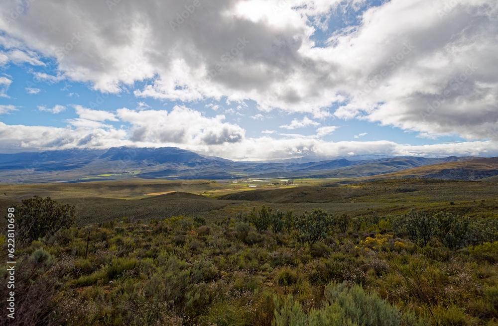 A panoramic view over a winter landscape with blue skies near Ceres, Western Cape, South Africa. A panoramic view over a winter landscape with blue skies near Ceres, Western Cape, South Africa.