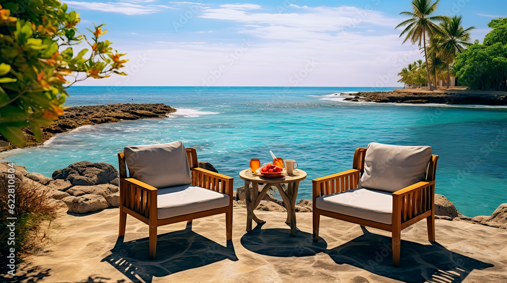Two chairs and tables set near the ocean