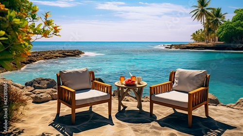 Two chairs and tables set near the ocean