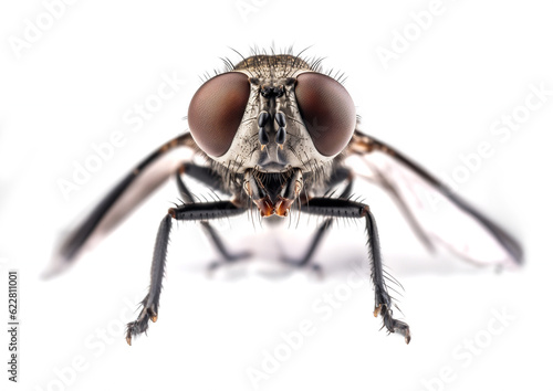 An image of a common housefly that looks like it was taken with a macro lens with intricate details on large eyes against a white background. Generative AI