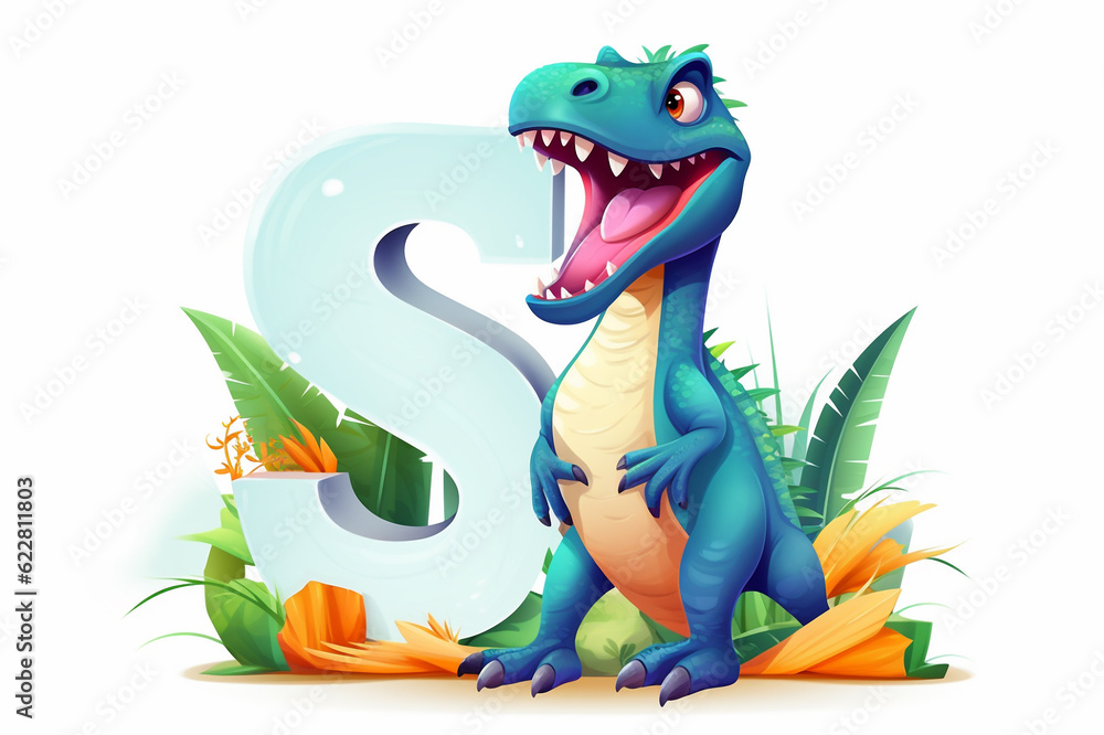 Colorful dinosaur letter S for kids isolated on white background, funny