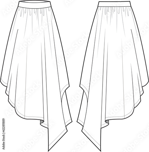 Women's midi length asymmetric Skirt flat sketch fashion illustration with front and back view