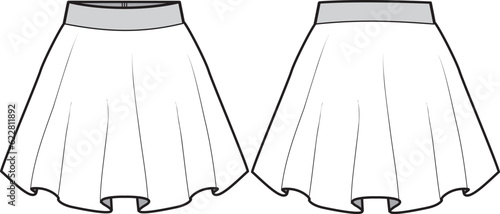 Women's skater Skirt flat sketch fashion illustration with front and back view