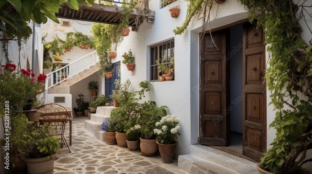 Obraz premium a house with potted plants on the outside of it. generative ai