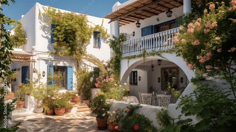 Fototapeta premium a white house with blue shutters and flowers in pots. generative ai