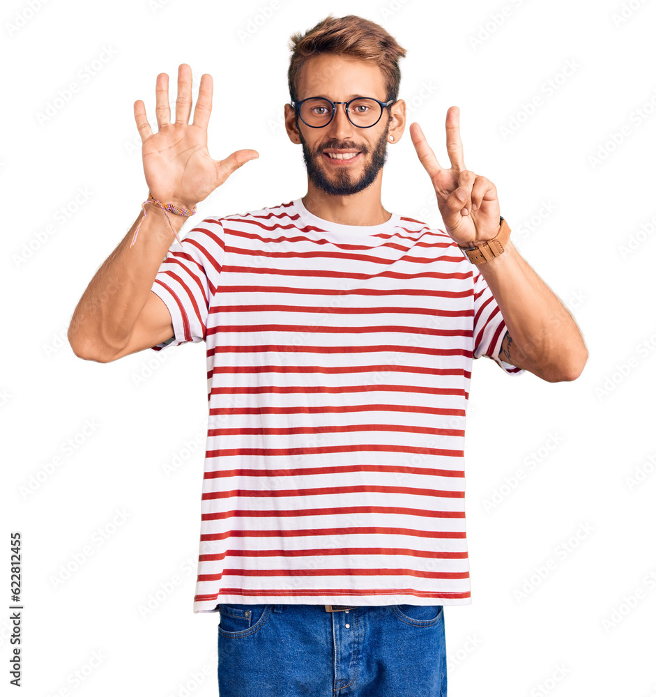 Handsome blond man with beard wearing casual clothes and glasses showing and pointing up with fingers number seven while smiling confident and happy. Handsome blond man with beard wearing casual clothes and glasses showing and pointing up with fingers number seven while smiling confident and happy.
