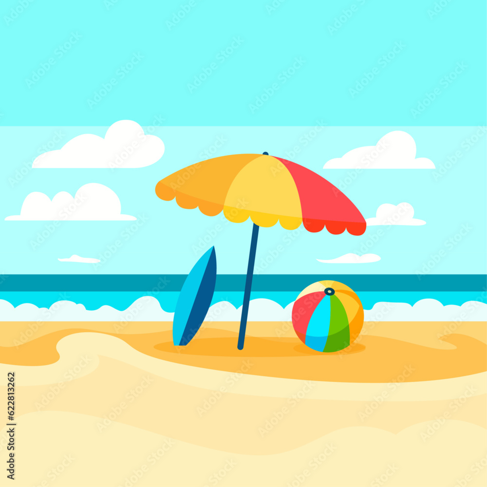 sunny beach with a colorful beach umbrella flat , a beach ball, and a surfboard flat style stock vector image