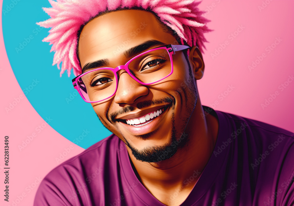 Portrait of a smiling african american man with afro hairstyle wearing pink glasses. Generative AI Portrait of a smiling african american man with afro hairstyle wearing pink glasses. Generative AI