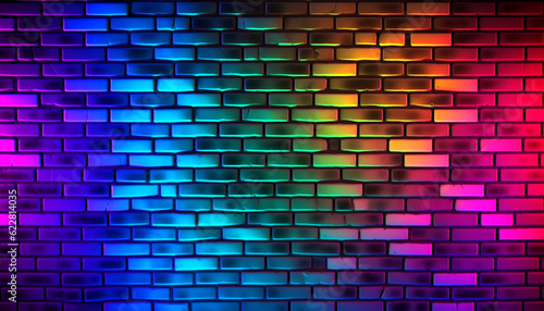 brick wall pattern background with colorful futuristic neon lights. generative ai