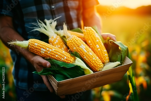 Close up in hands of farmer carries basket with fresh harvest of corn cobs with leaves and peel. Agronomist walks through field in sunshine. Agribusiness and agricultural food industry. Harvesting.