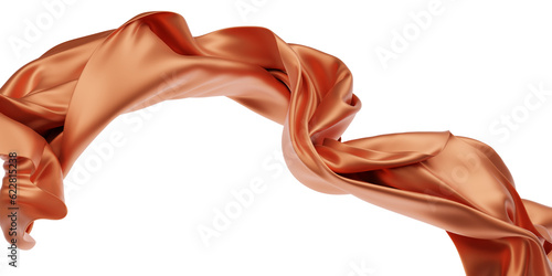 A 3D rendering captures the elegant motion of a Sienna scarf, its fabric flying and draping in the wind, set against an isolated backdrop. Waving satin cloth isolated on transparent PNG background