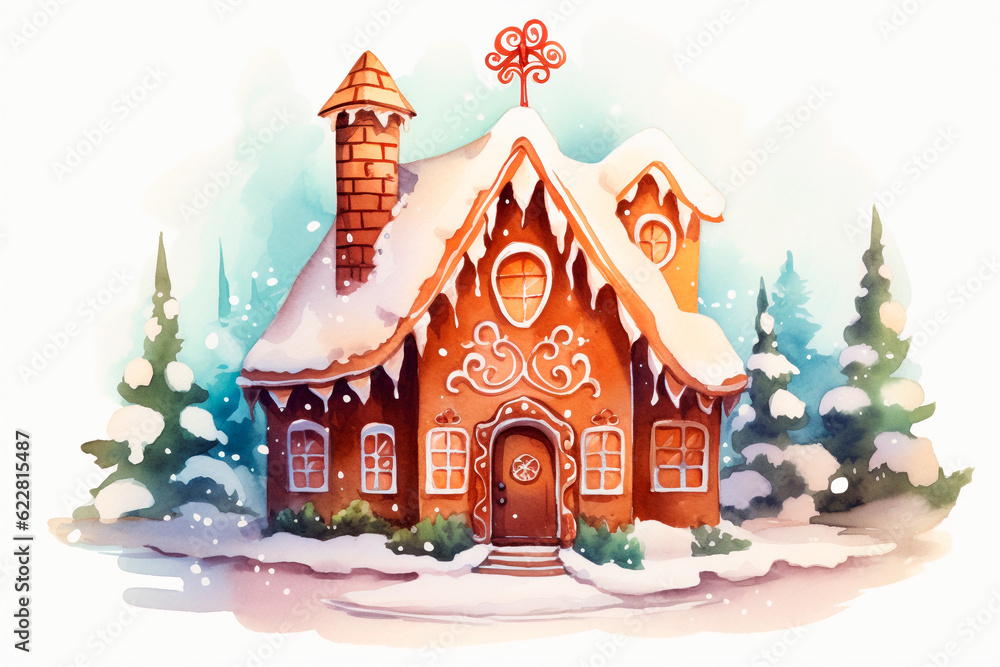  A cartoon gingerbread house  in watercolor style on a white background. Generative AI