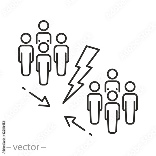 social division icon, people group separation, conflict with cracked community, thin line symbol - editable stroke vector illustration