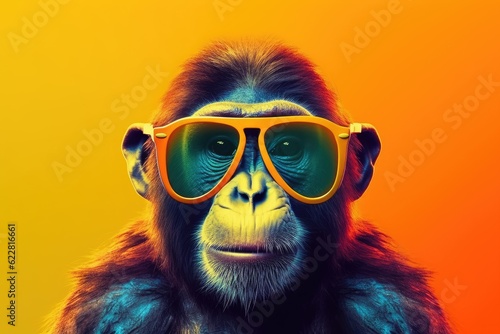 Funny monkey wearing sunglasses realistic, Wide banner with space for text on the right side, solid vibrant colors, colorful and bright background studio style. Generative AI. © Grace