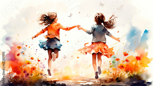 happy childhood running girls watercolor illustration generative ai