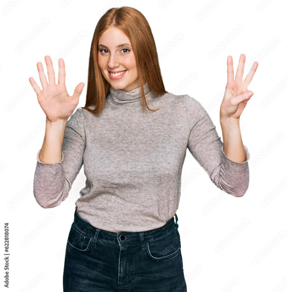Young irish woman wearing casual clothes showing and pointing up with fingers number eight while smiling confident and happy. Young irish woman wearing casual clothes showing and pointing up with fingers number eight while smiling confident and happy.