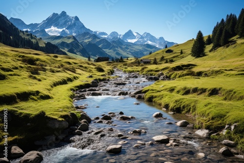 Breathtaking Swiss Alps vista with crisp white peaks and lush valleys. Generative AI