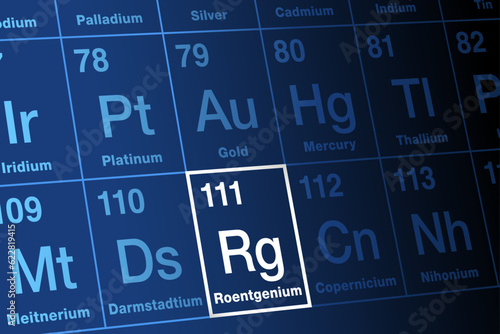 Roentgenium on periodic table of the elements. Extremely radioactive, superheavy, synthetic transactinide element, with element symbol Rg and atomic number 111. Named after physicist Wilhelm Roentgen.