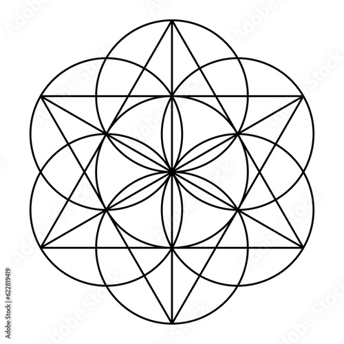 Seed of Life, seven overlapping circles, form the basic shape to create a hexagram (sexagram), an ancient geometric figure and Sacred Geometry, used as Star of David, or in the Heart Chakra symbol.