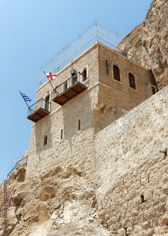 Greek Orthodox Monastery of the Temptation located on the cliffs near Jericho, Palestine, Israel. Place of temptation of Christ.  Its most ancient structures date back to the 6th century.