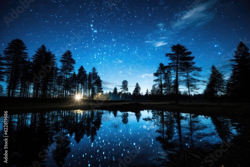 Starry night sky with the silhouette of pine trees in the foreground. Generative AI © Mustafa