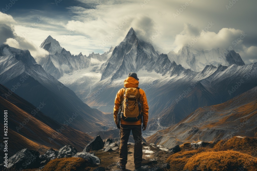 Mountaineer gazing at a snow-capped peak in the alpine wilderness. Generative AI
