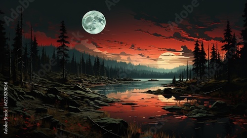  a painting of a lake with a full moon in the background.  generative ai