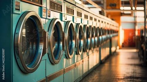 A row of industrial washing machines in a laundry room. Created with Generative Ai technology.