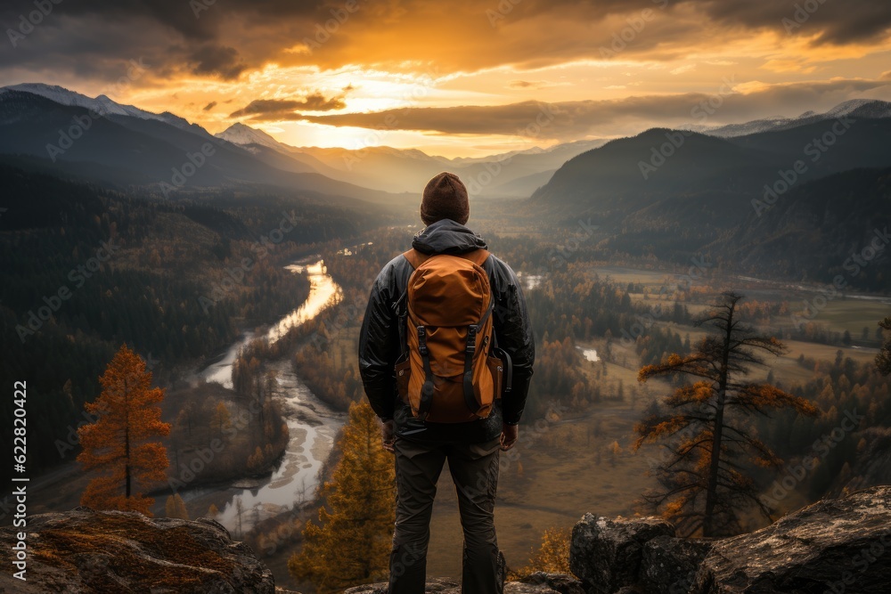 Hiker at a mountain peak overlooking a breathtaking view. Generative AI Hiker at a mountain peak overlooking a breathtaking view. Generative AI