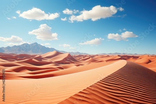 Rippling sand dunes in a wide desert landscape under a clear blue sky. Generative AI