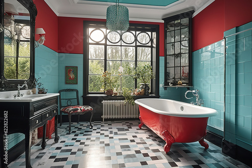 Art Deco-style bathroom with bright  eye-catching retro-look furniture and free-standing bathtub. Generative AI.