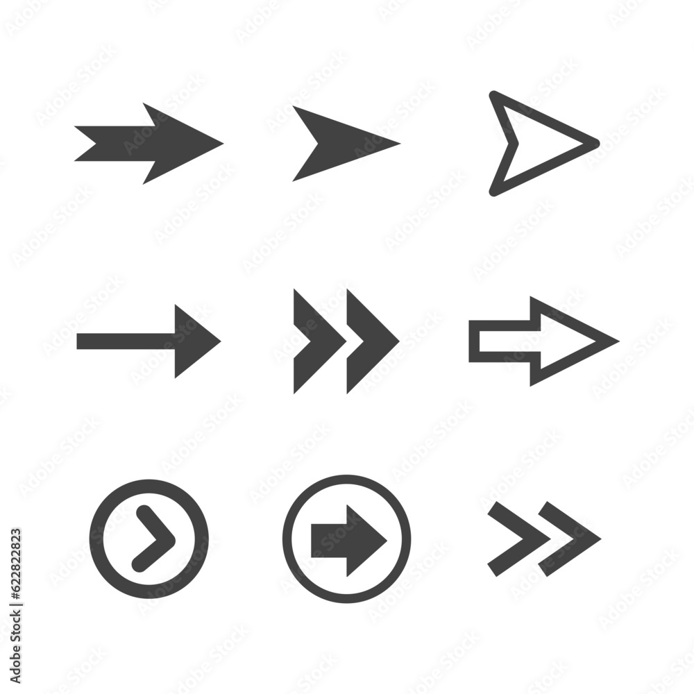 Arrow icon set. Collection of different arrows. Black vector pictogram. Arrow icon set. Collection of different arrows. Black vector pictogram.