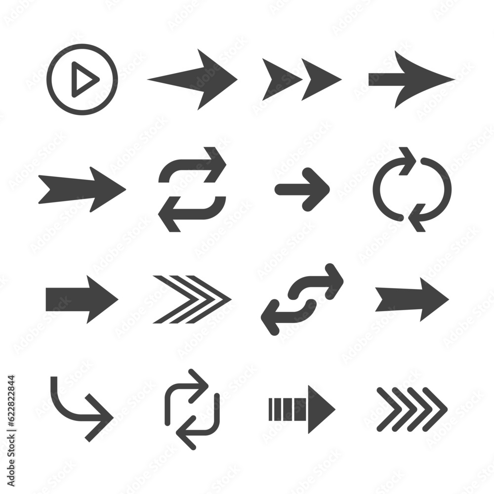 Arrow icon set. Collection of different arrows. Black vector pictogram. Arrow icon set. Collection of different arrows. Black vector pictogram.