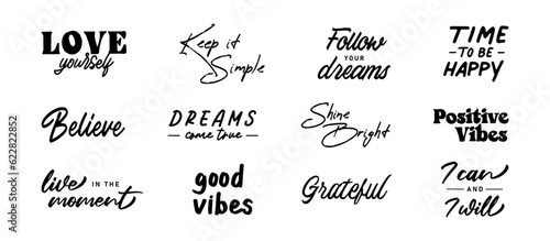 Vector set with Motivational quotes. Hand written inspirational phrases. Happiness and positive message banners.