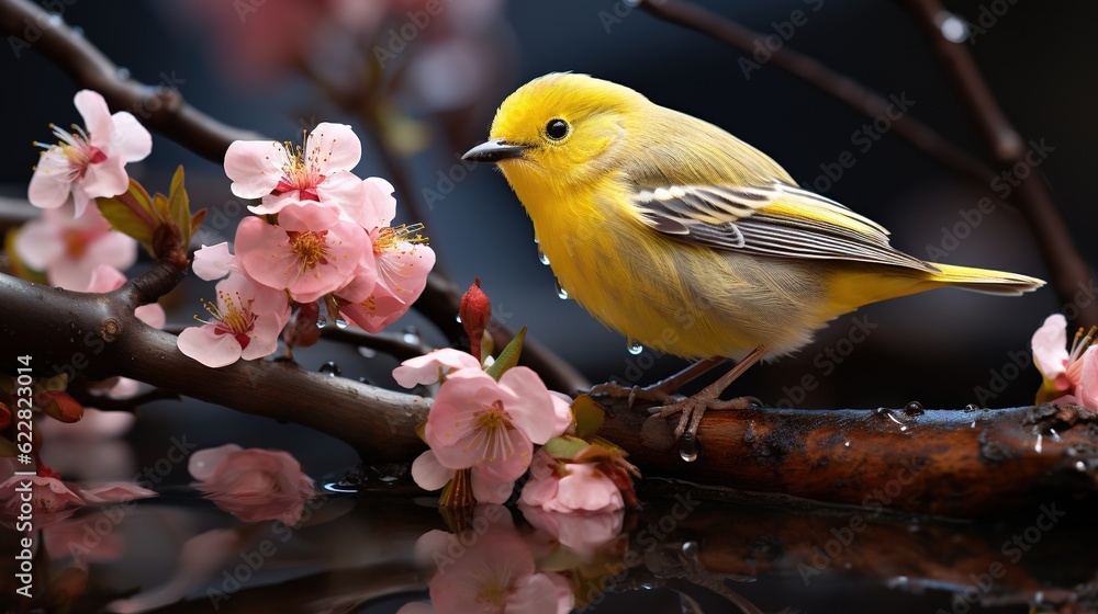 Fototapeta premium a small yellow bird perched on a branch of a tree. generative ai