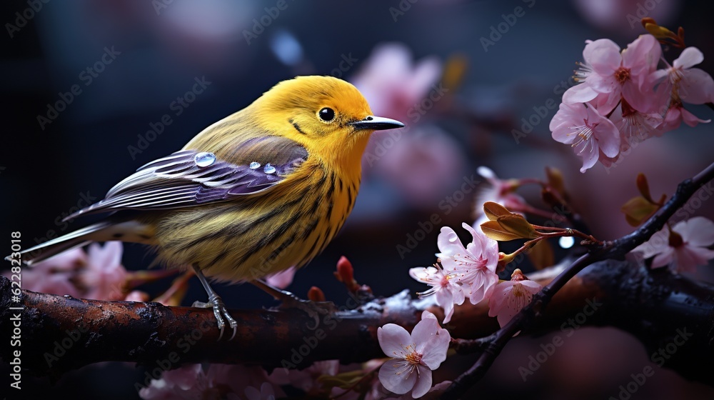  a small yellow bird sitting on a branch of a tree.  generative ai