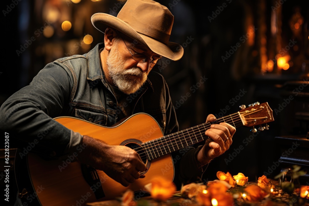 Obraz premium A musician tuning his vintage acoustic guitar in warm light. Generative AI