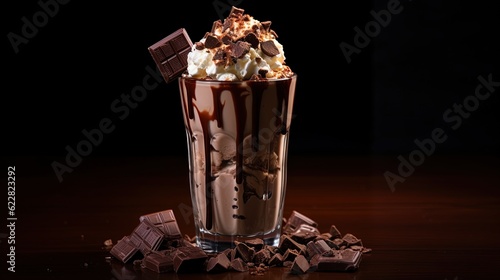  a glass filled with chocolate and marshmallows on top of a table. generative ai