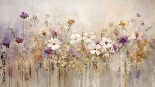  a painting of white and purple flowers on a white background. generative ai