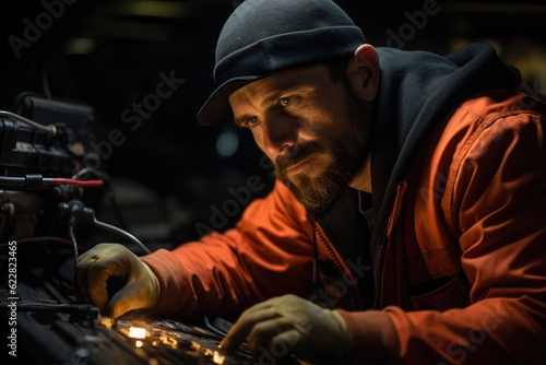 Mechanic looking under the hood of a classic car in an authentic garage setting. Generative AI